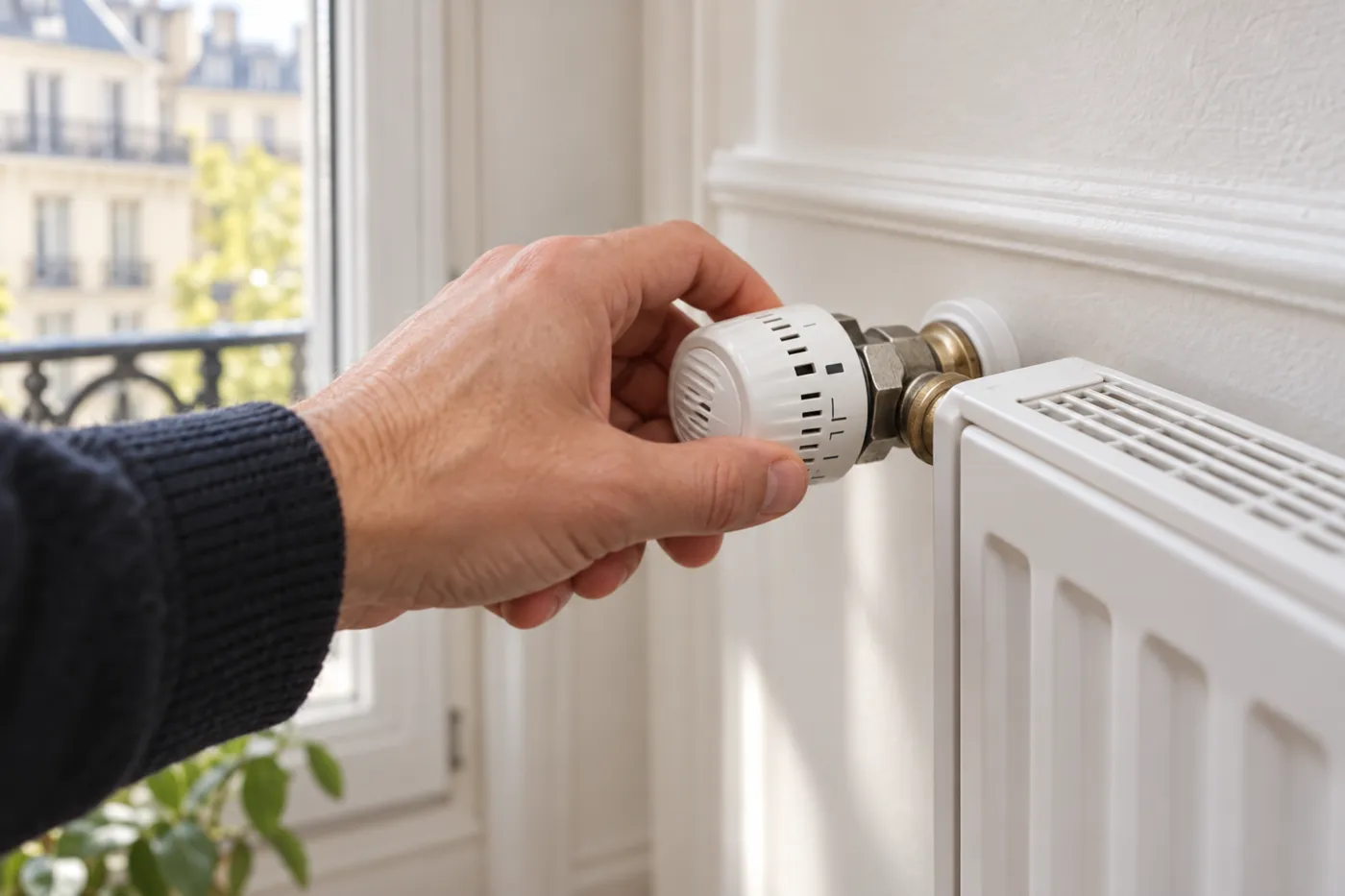 Réglage du robinet thermostatique d'un radiateur blanc sous une fenêtre