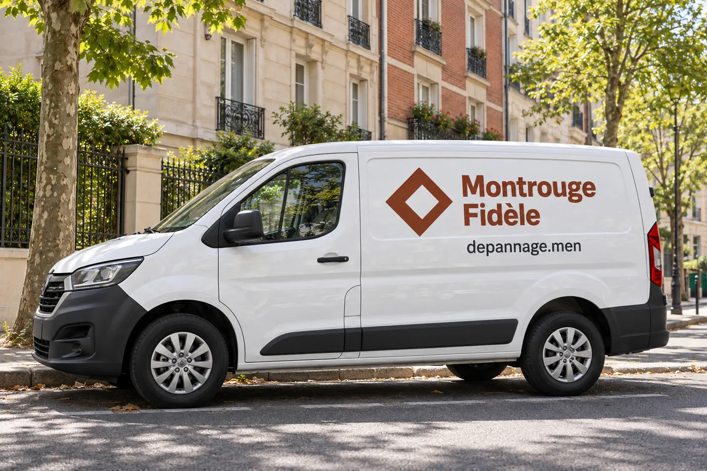 Utilitaire blanc Montrouge Fidèle siglé depannage.men garé dans une rue résidentielle de Montrouge